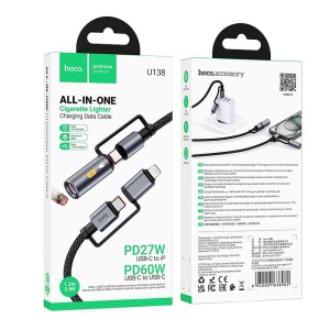 Kabel USB C / Lightning do USB C / Zapalniczka samochodowa PD 3A 60W 1,2 m U138 1,2 m szary Hoco