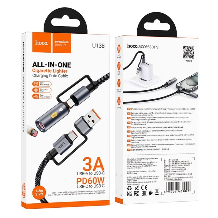 Kabel All-in-one USB A  USB C do USB C  Zapalniczka samochodowa Hoco 3A 60W 1,2 m U138 czarny (1).jpg