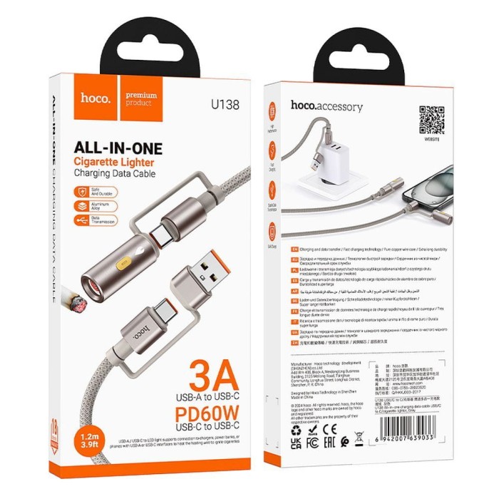 Kabel All-in-one USB A  USB C do USB C  Zapalniczka samochodowa Hoco 3A 60W 1,2 m U138 szary (1).jpg