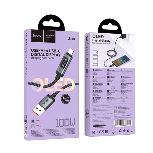 Kabel z wyświetlaczem USB A do USB C Hoco PD 6A 100W 1,2m U148 czarny (1).jpg