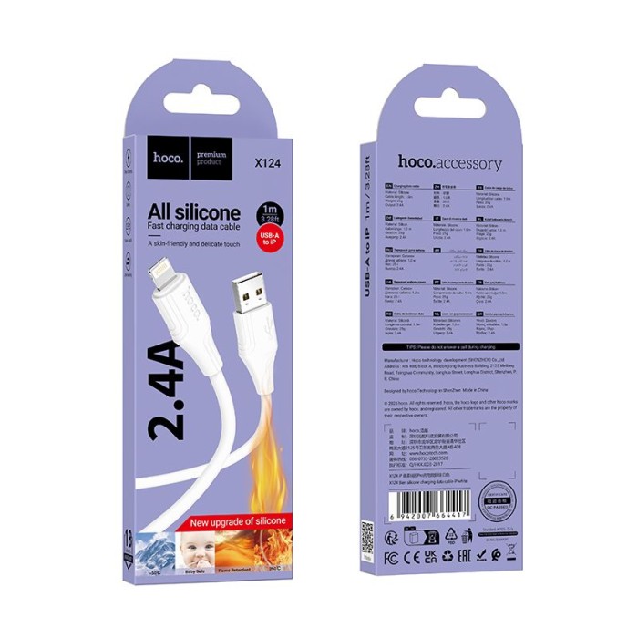 Kabel Silikonowy USB A do Lightning Hoco 27W 1 m X124 biały (1).jpg