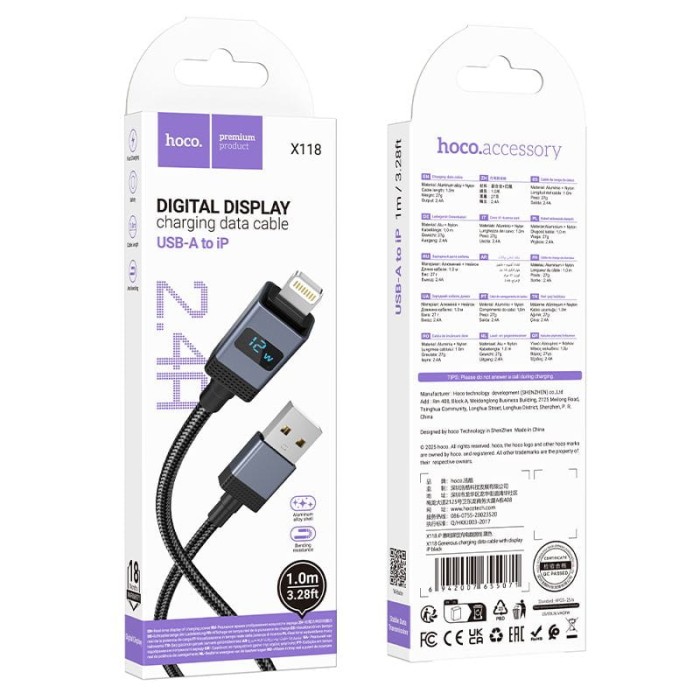 Kabel USB A do Lightning Hoco 2,4A z wyświetlaczem 1 m X118 czarny (4).jpg