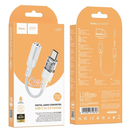 Adapter AUX USB C do Jack 3,5 mm Hoco 0,15 m LS37 transparentny szary (2).jpg