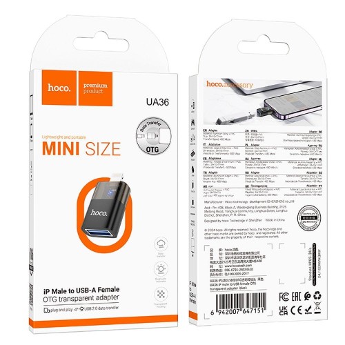 Adapter OTG Lightning do USB A Hoco UA36 czarny transparentny (2).jpg