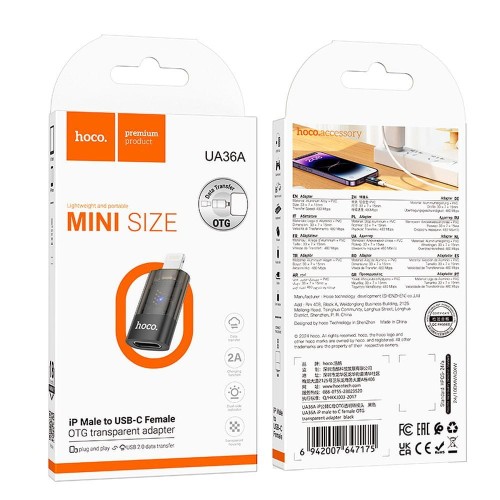 Adapter OTG Lightning do USB C Hoco UA36A transparentny czarny (1).jpg