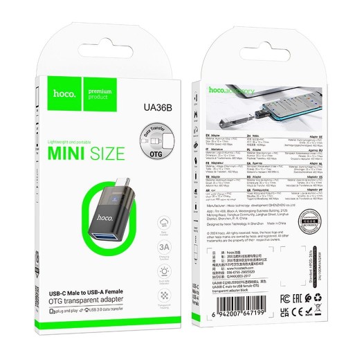 Adapter OTG USB C do USB A Hoco UA36B transparentny czarny (2).jpg