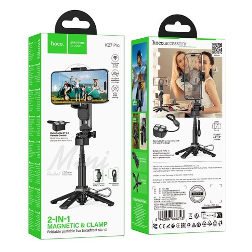 Selfie stick z magnetycznym oraz uniwersalnym mocowaniem z pilotem bezprzewodowym K27 PRO czarny Hoco (1).jpg