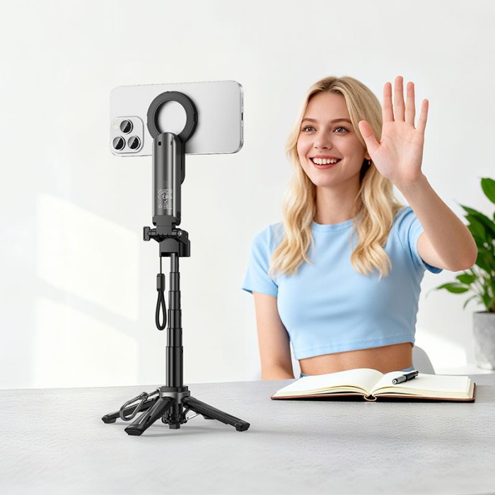 Selfie stick z magnetycznym oraz uniwersalnym mocowaniem z pilotem bezprzewodowym K27 PRO czarny Hoco (3).jpg