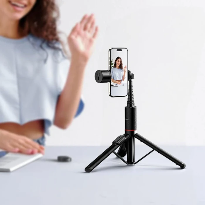 Selfie stick tripod z pilotem bezprzewodowym + światłem LED Hoco K34 czarny (2).jpg