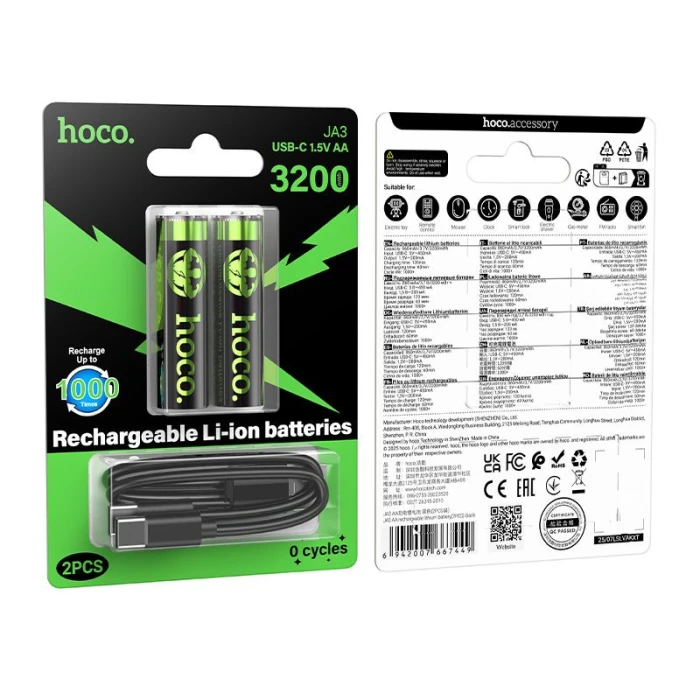 Bateria akumulatorowa AA R6 860 mAh z gniazdem USB C + kabel USB A do 2 x USB C 2 szt Hoco JA3 czarna (1).jpg