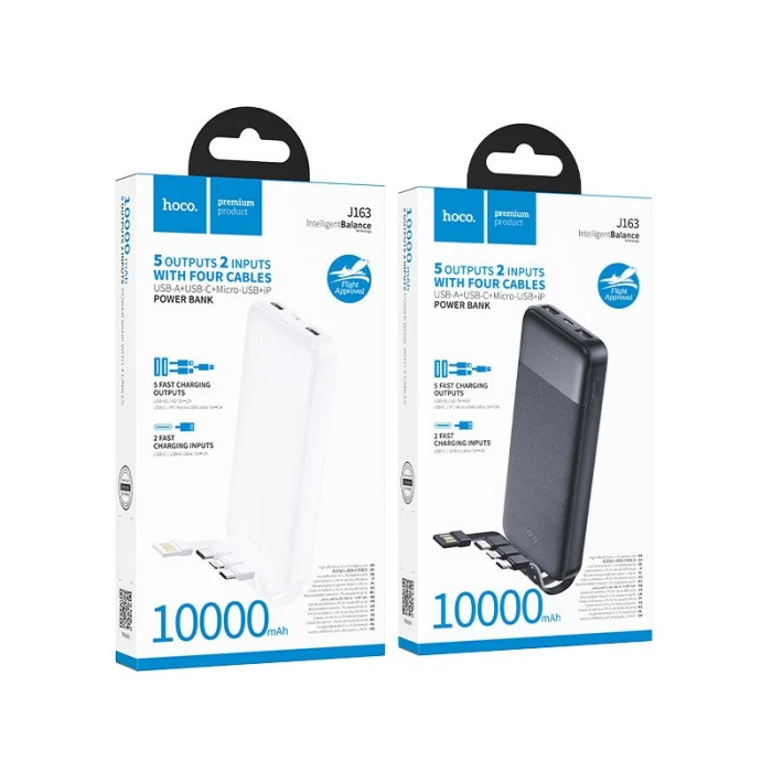Powerbank Hoco 10000 mAh 2A z czterema wbudowanymi kablami USB A + USB C+ Lightning + Micro USB J163 czarny (1).jpg