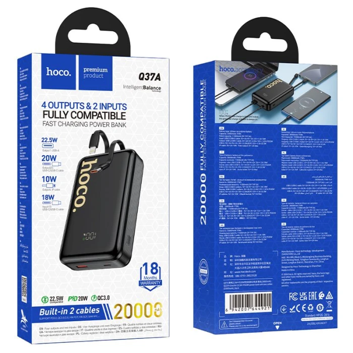 Powerbank Hoco 20000 mAh QC PD 22,5W z wbudowanymi kablami USB C + Lightning Q37A czarny (1).jpg