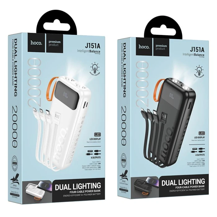 Powerbank Hoco 20000 mAh 2A z wbudowanymi kablami USB A + USB C + Lightning + Micro USB oraz podwójną latarką J151A czarny (1).jpg