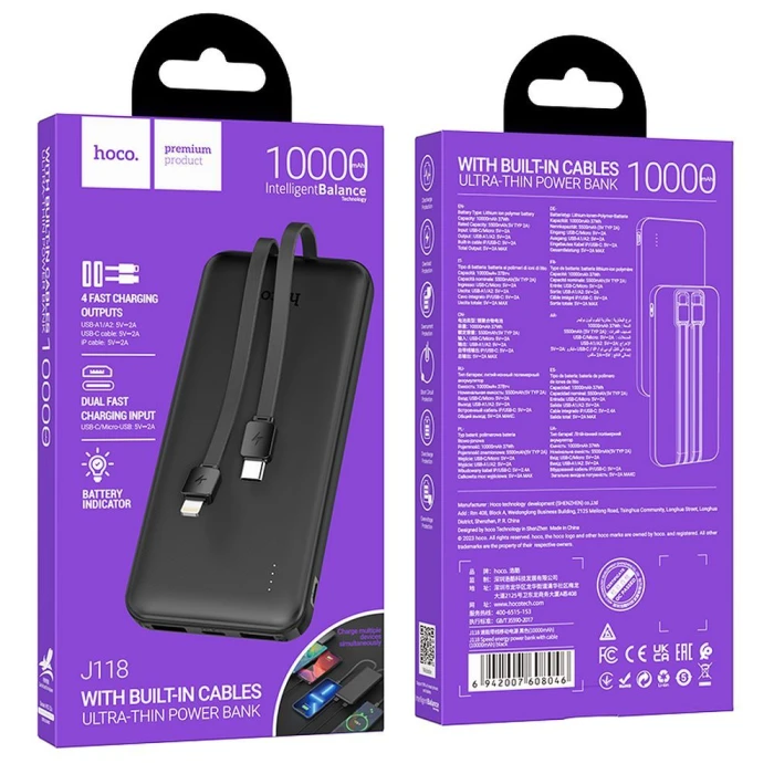 Powerbank Hoco 10000 mAh 2A z wbudowanymi kablami USB C + Lightning J118 czarny (2).jpg