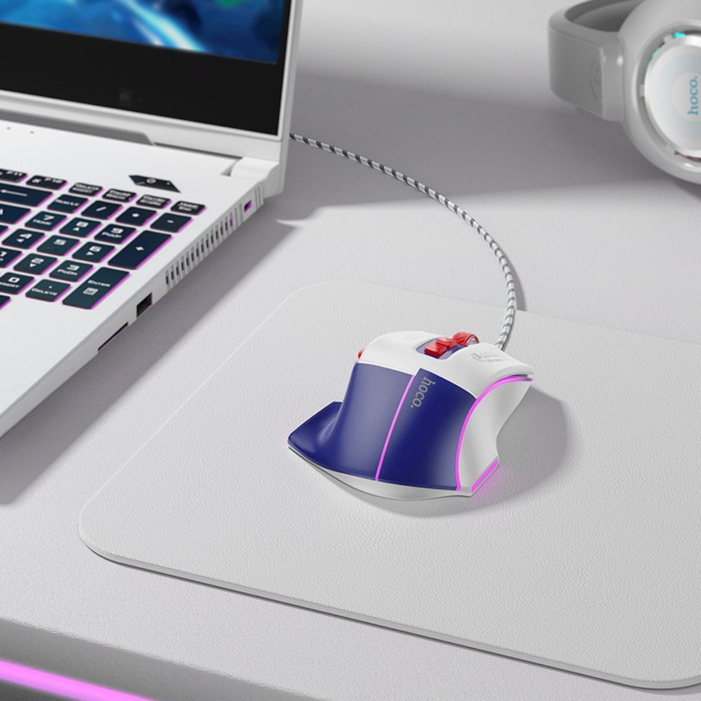 HOCO mysz komputerowa gamingowa przewodowa USB A 3600DPI GM31 biało niebieska (3).jpg