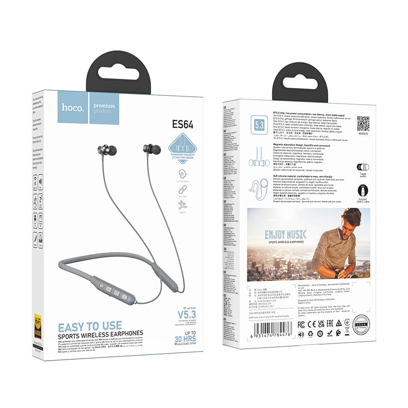 Słuchawki bezprzewodowe sportowe bluetooth 30h IPX5 ES64 szare Hoco (4).jpg