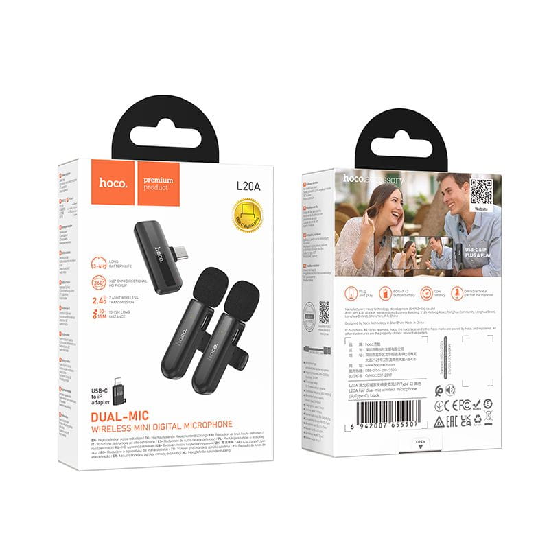 Mikrofon bezprzewodowy podwójny Lightning  USB C Hoco L20A czarny (5).jpg