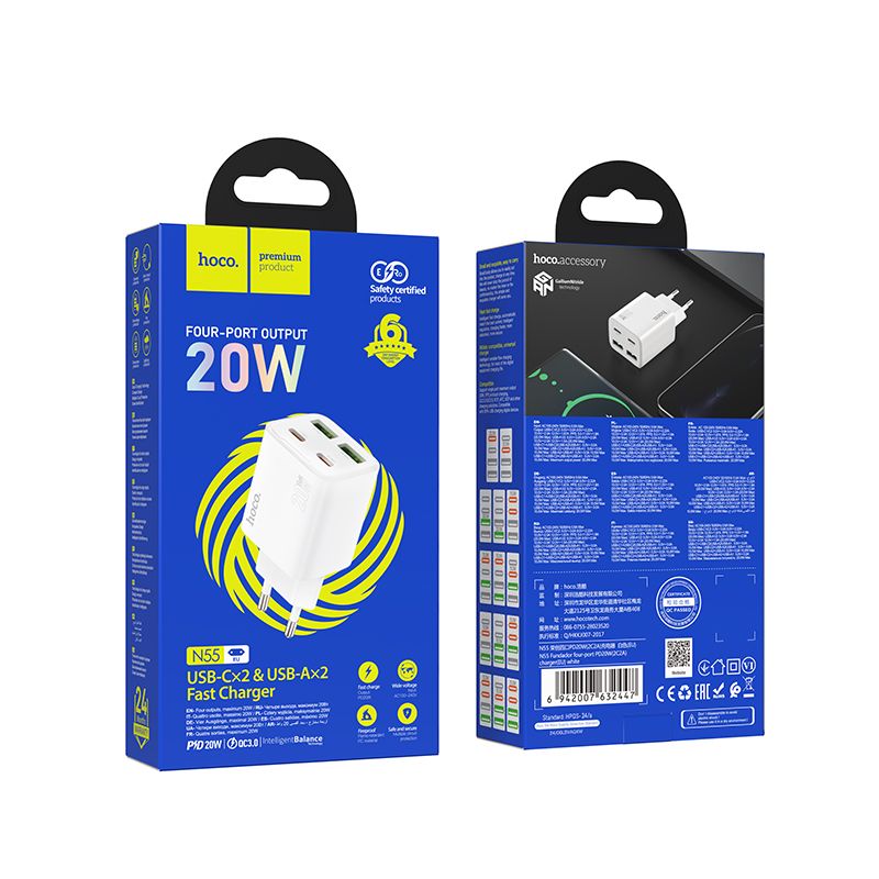 Ładowarka sieciowa do telefonu Hoco 2 x USB C + 2 x USB A QC3.0 PD 3A 30W N56 biała (2).jpg