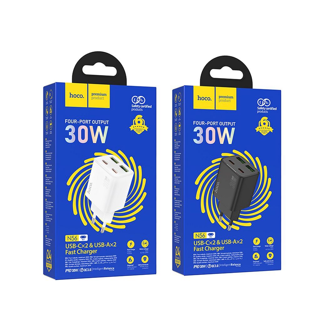 Ładowarka sieciowa do telefonu Hoco 2 x USB C + 2 x USB A QC3.0 PD 3A 30W N56 czarna (1).jpg