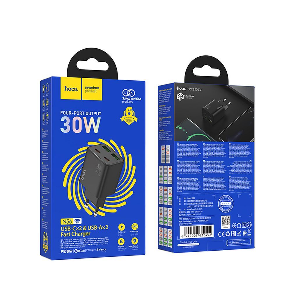 Ładowarka sieciowa do telefonu Hoco 2 x USB C + 2 x USB A QC3.0 PD 3A 30W N56 czarna (2).jpg