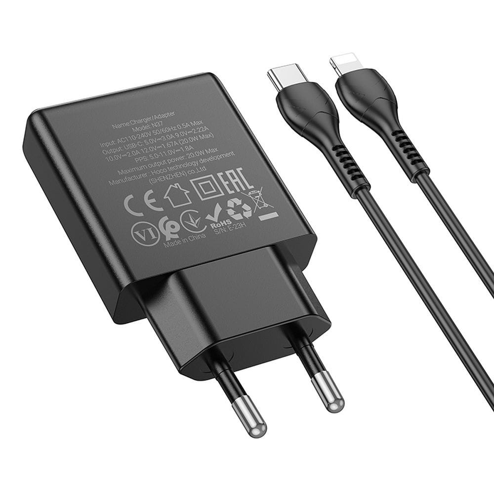 Ładowarka sieciowa do telefonu Hoco Slim USB C QC PD 30W + kabel USB C do Lightning N37 czarna (6).jpg