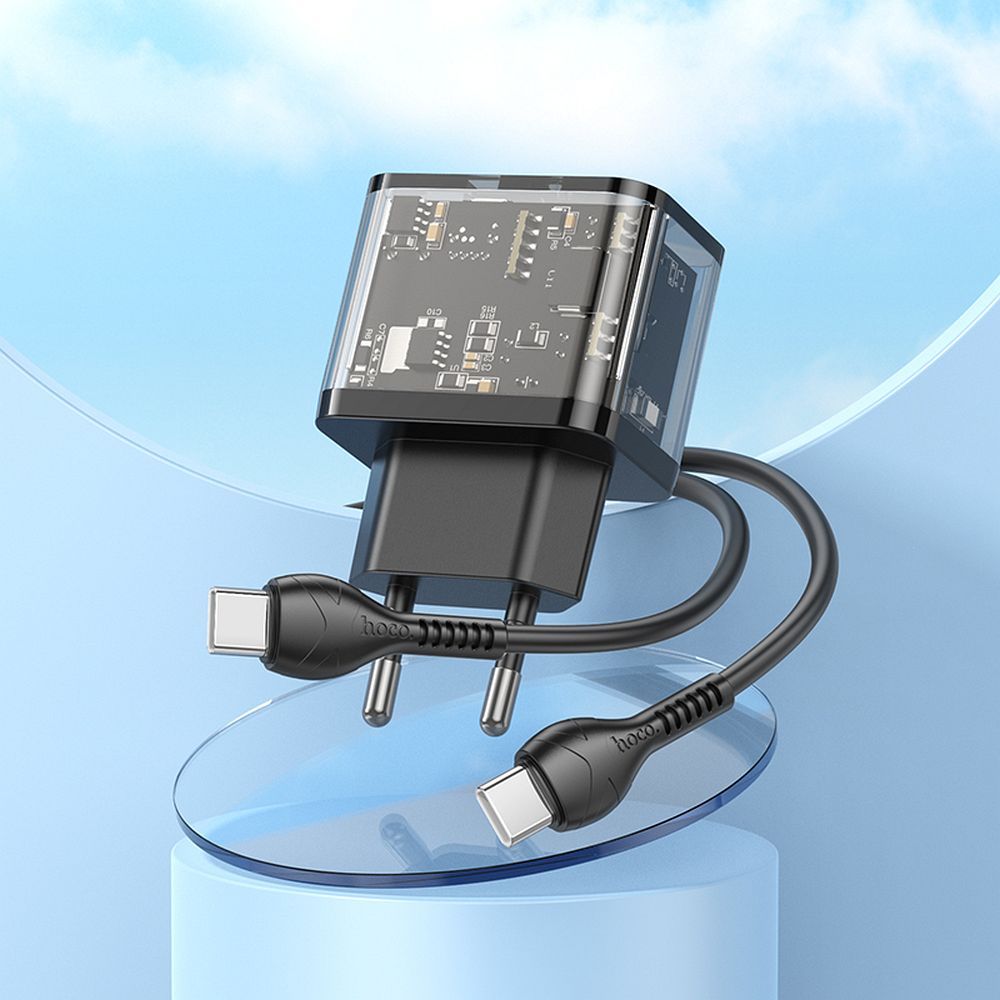 Ładowarka sieciowa do telefonu Hoco USB A + USB C QC3.0 PD 3A 20W + kabel USB C do USB C N34 transparentna (3).jpg