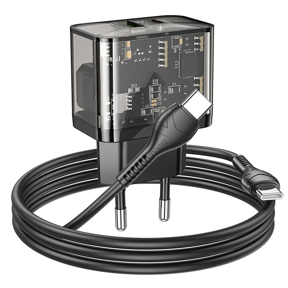 Ładowarka sieciowa do telefonu Hoco USB A + USB C QC3.0 PD 3A 20W + kabel USB C do USB C N34 transparentna (4).jpg