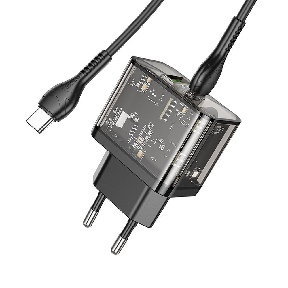 Ładowarka sieciowa do telefonu Hoco USB A + USB C QC3.0 PD 3A 20W + kabel USB C do USB C N34 transparentna (6).jpg