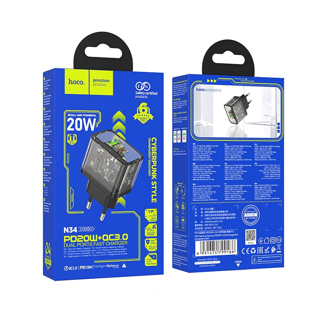Ładowarka sieciowa do telefonu Hoco USB A + USB C QC3.0 PD 3A 20W N34 transparentna (1).jpg