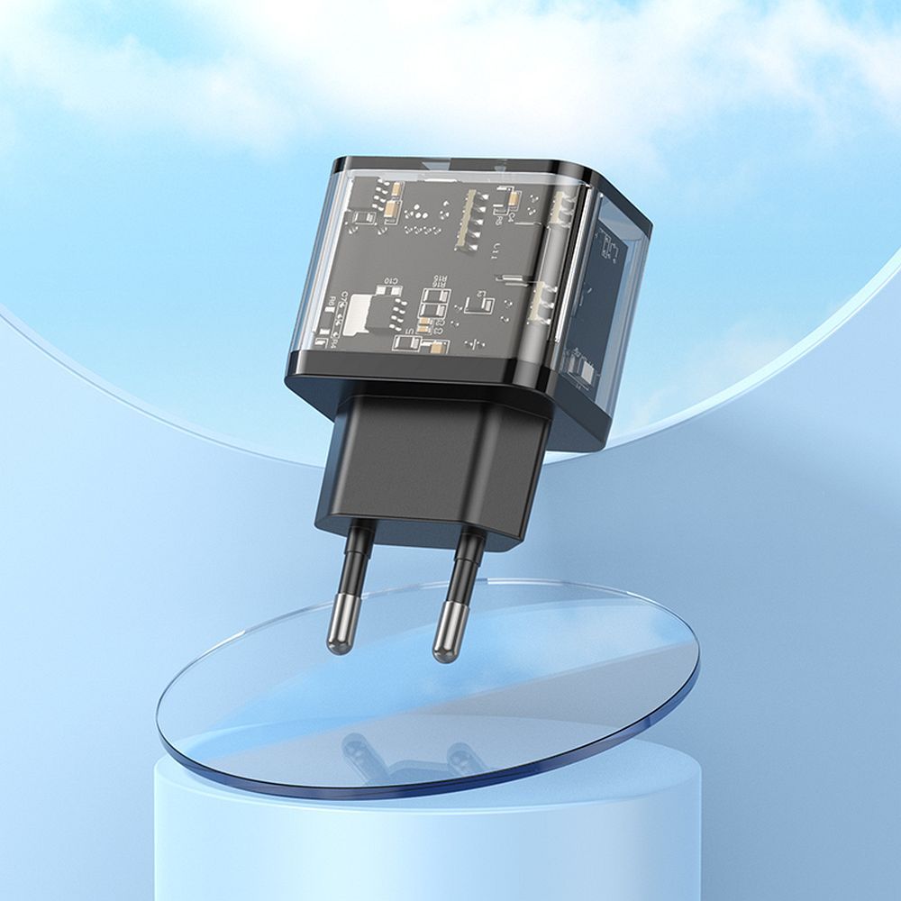 Ładowarka sieciowa do telefonu Hoco USB A + USB C QC3.0 PD 3A 20W N34 transparentna (3).jpg