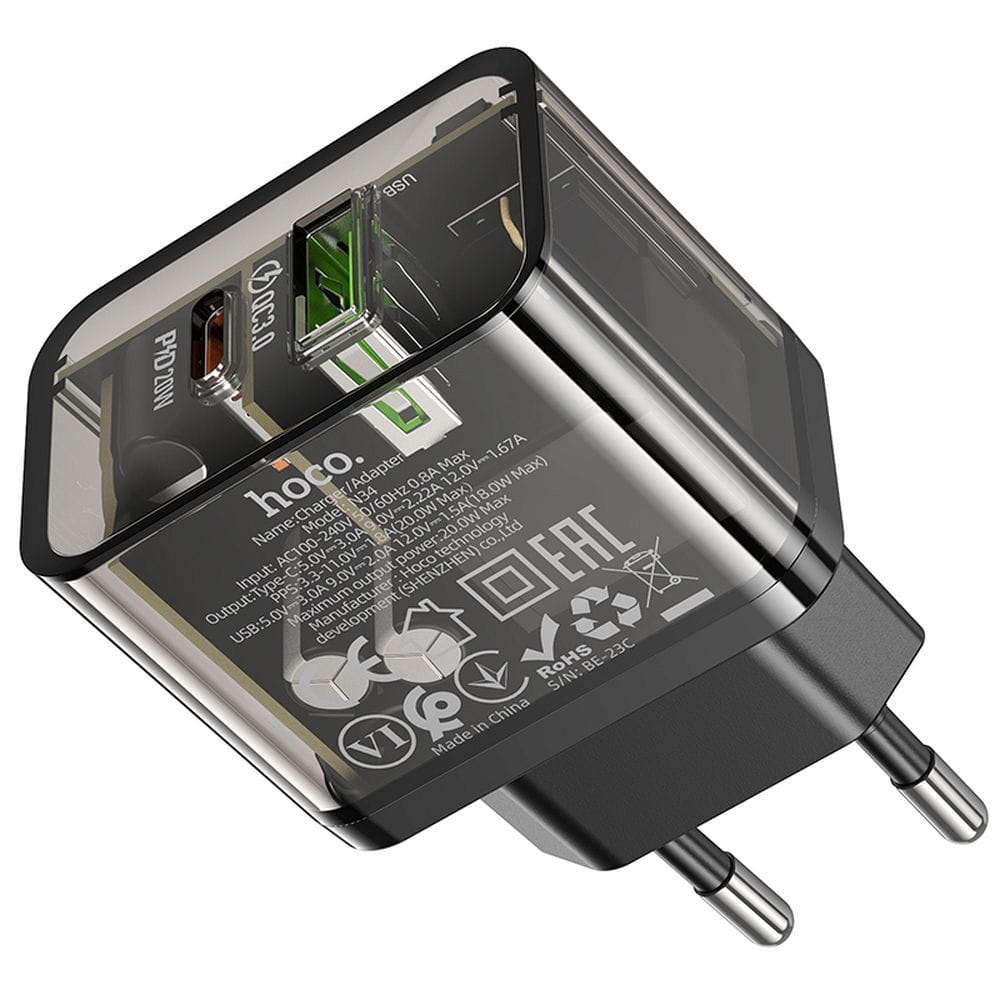 Ładowarka sieciowa do telefonu Hoco USB A + USB C QC3.0 PD 3A 20W N34 transparentna (7).jpg