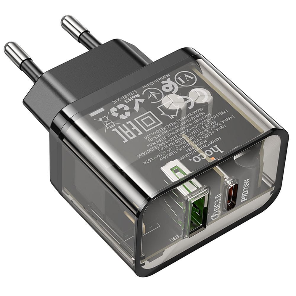 Ładowarka sieciowa do telefonu Hoco USB A + USB C QC3.0 PD 3A 20W N34 transparentna (8).jpg