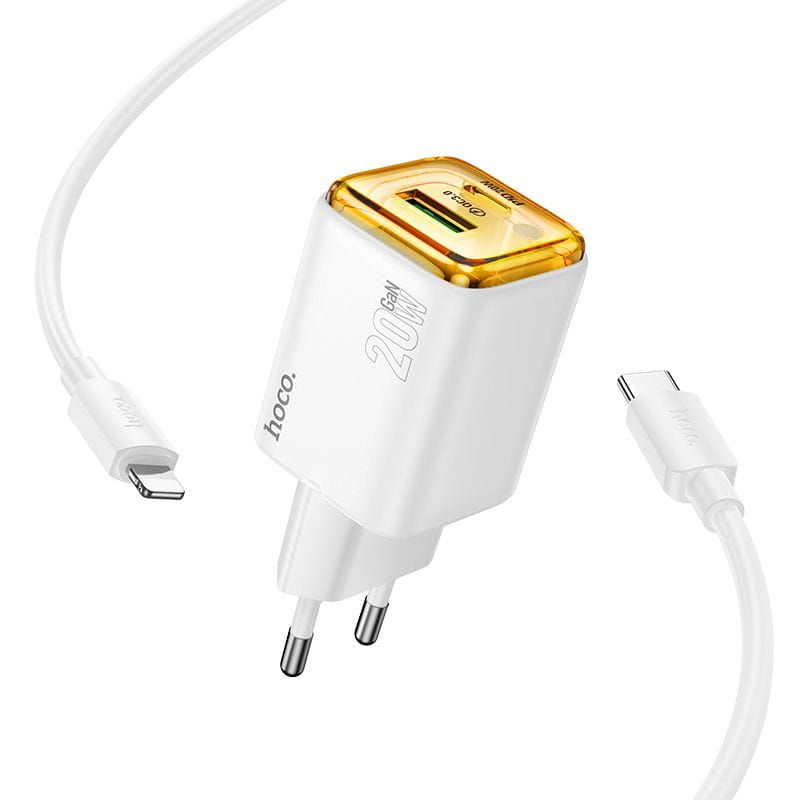 Ładowarka sieciowa do telefonu Hoco USB A + USB C QC3.0 PD 3A 20W + kabel USB C do USB C N52 biała (5).jpg