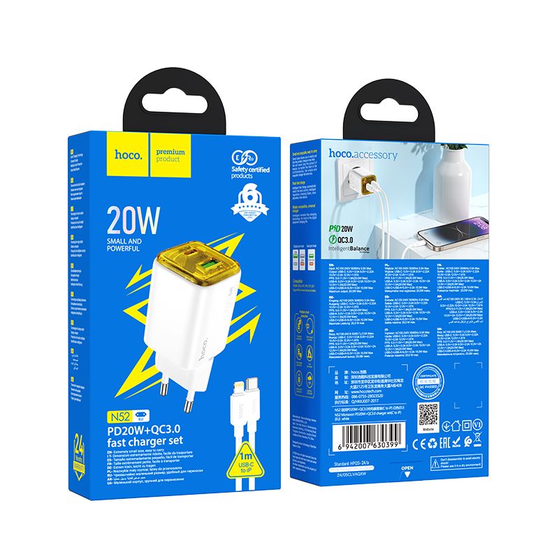 Ładowarka sieciowa do telefonu Hoco USB A + USB C QC3.0 PD 3A 20W + kabel USB C do Lightning N52 biała (2).jpg