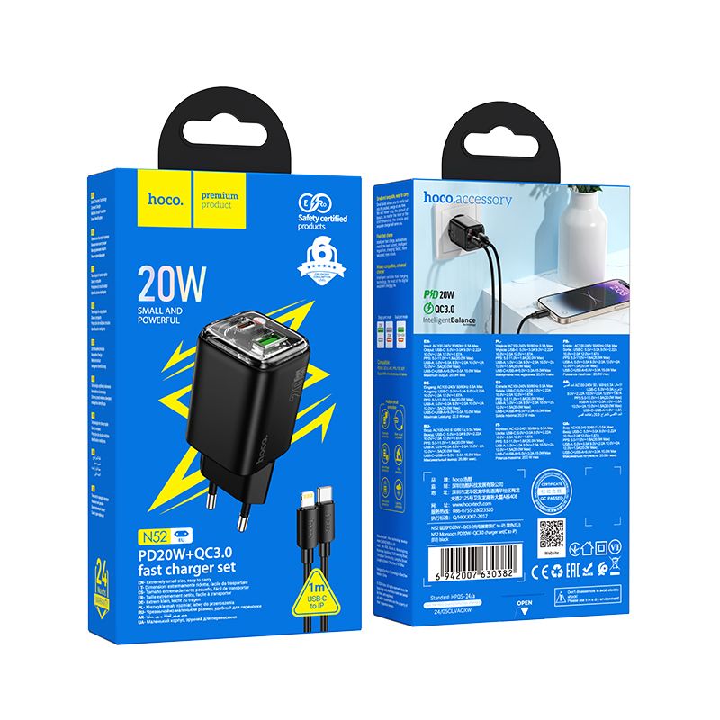 Ładowarka sieciowa do telefonu Hoco USB A + USB C QC3.0 PD 3A 20W + kabel USB C do Lightning N52 czarna (2).jpg