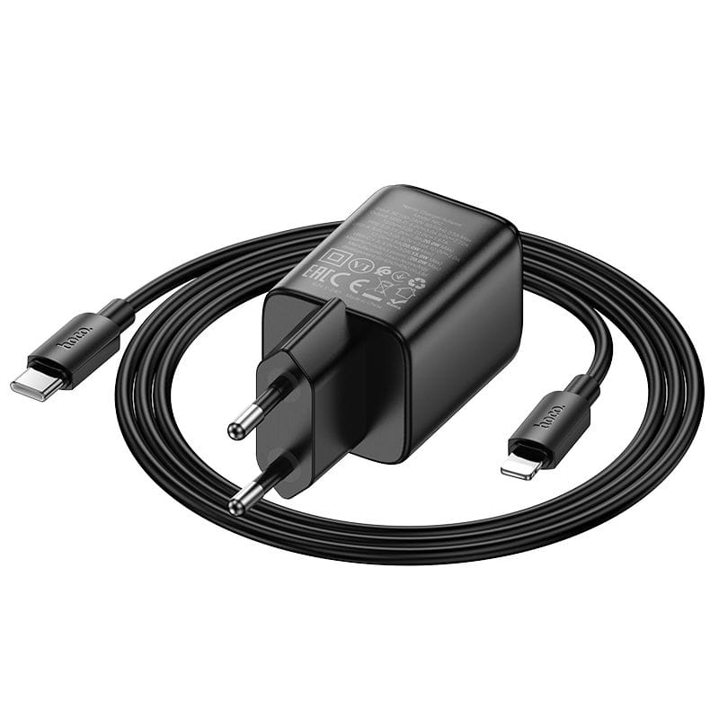 Ładowarka sieciowa do telefonu Hoco USB A + USB C QC3.0 PD 3A 20W + kabel USB C do Lightning N52 czarna (5).jpg