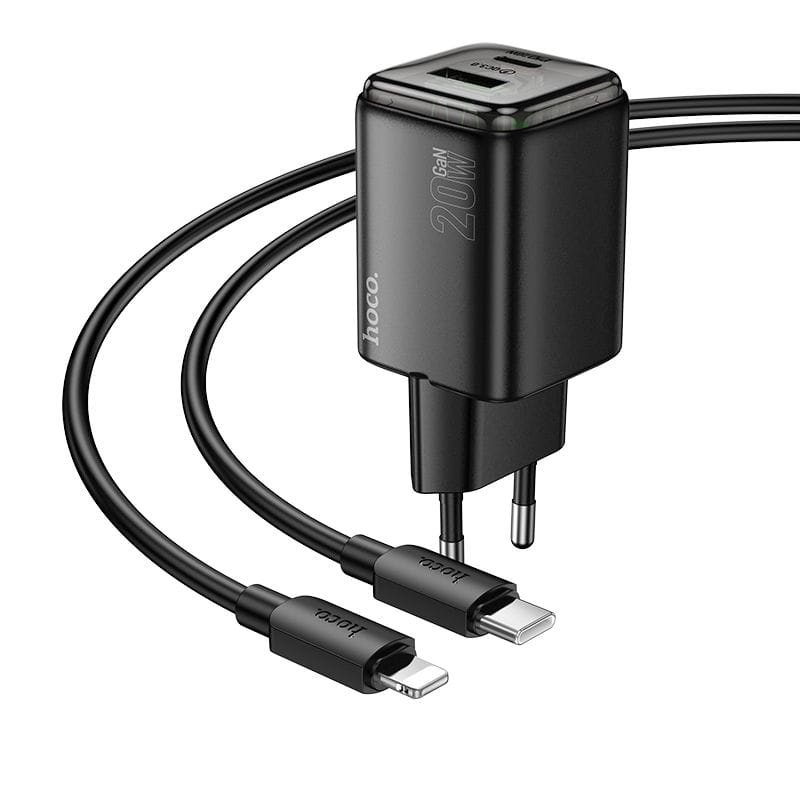 Ładowarka sieciowa do telefonu Hoco USB A + USB C QC3.0 PD 3A 20W + kabel USB C do Lightning N52 czarna (6).jpg