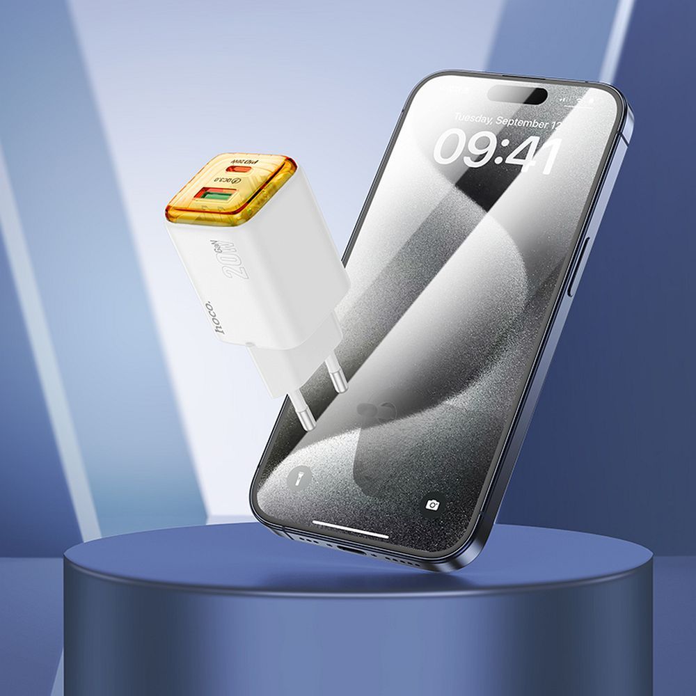 Ładowarka sieciowa do telefonu Hoco USB A + USB C QC3.0 PD 3A 20W N52 biała (2).jpg