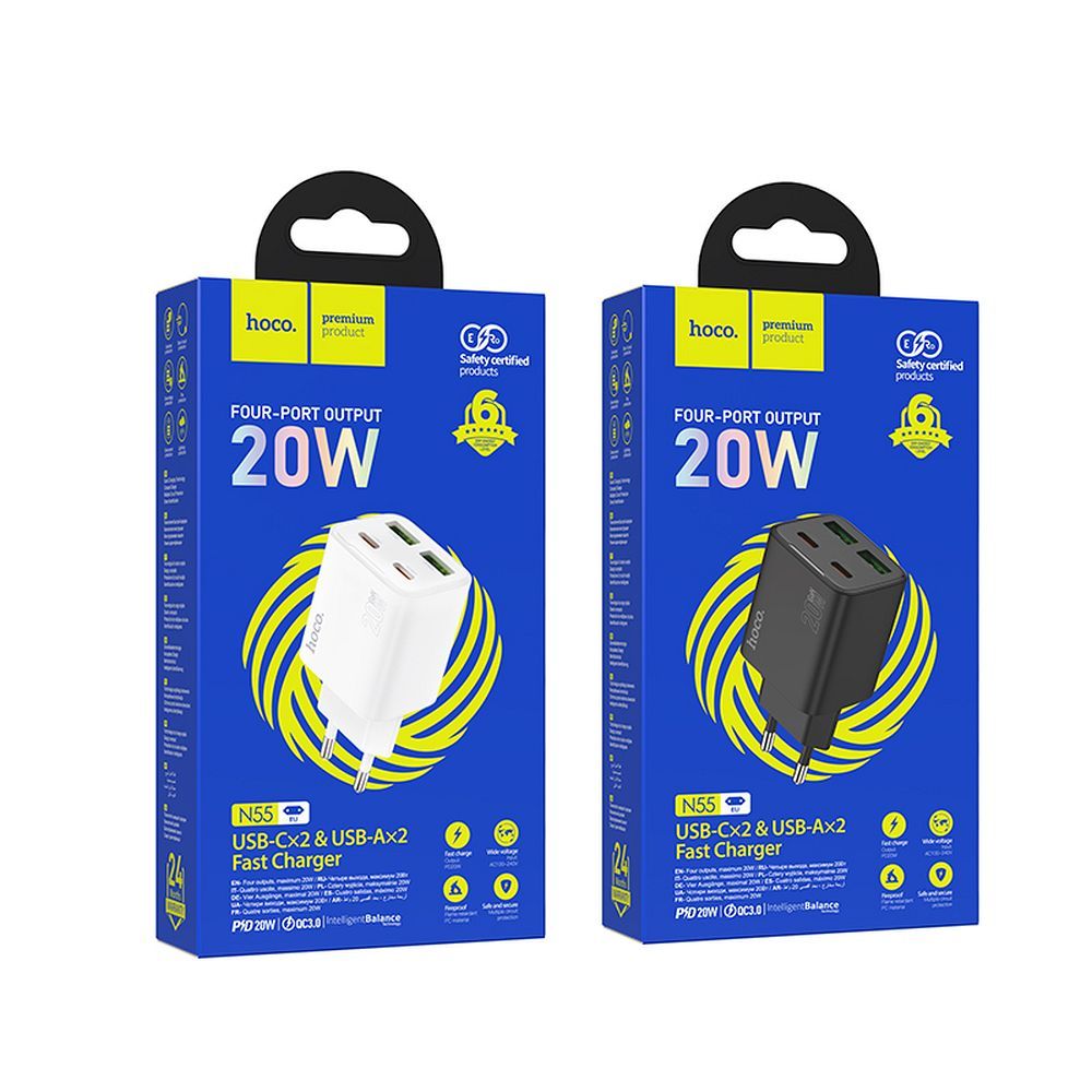 Ładowarka sieciowa do telefonu Hoco 2 x USB C + 2 x USB A QC3.0 PD 3A 20W N55 czarna (1).jpg