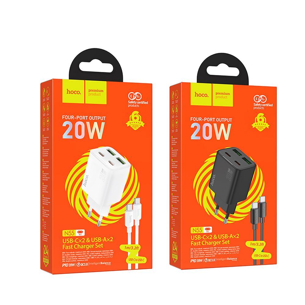 Ładowarka sieciowa do telefonu Hoco 2 x USB C + 2 x USB A QC3.0 PD 3A 20W + kabel USB C do USB C N55 biała (2).jpg