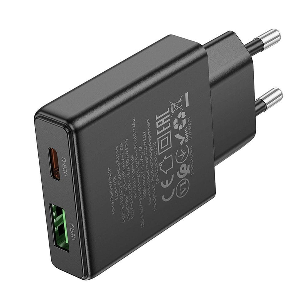 Ładowarka sieciowa do telefonu Hoco Slim USB A + USB C QC3.0 PD 3A 20W N38 czarna (5).jpg