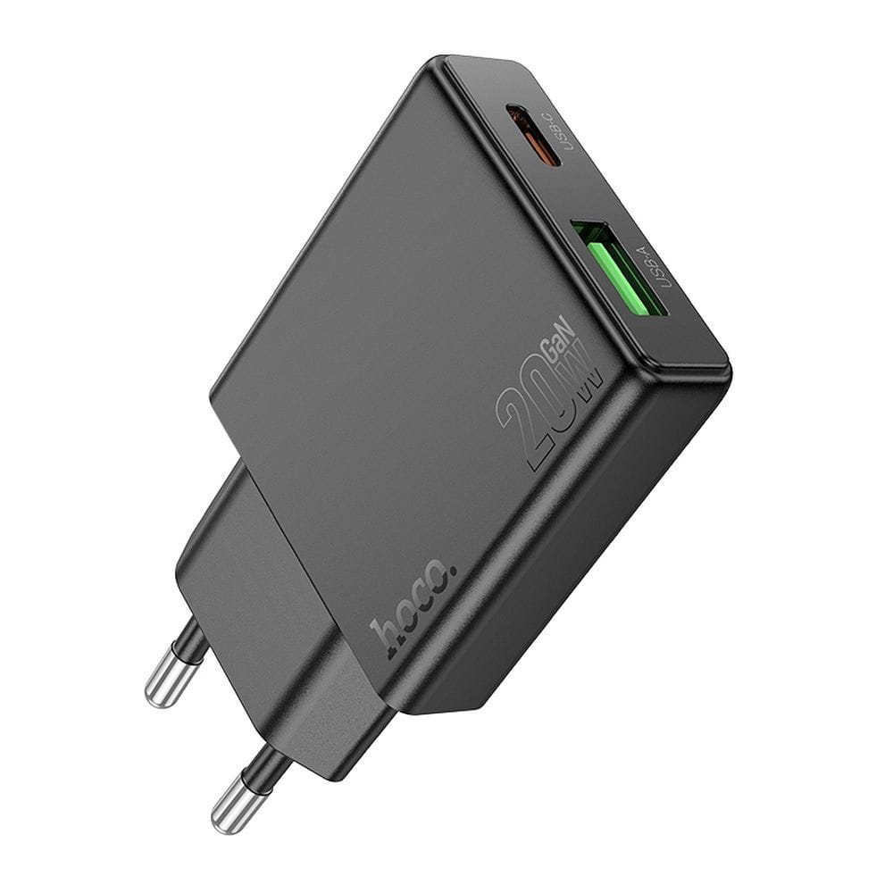 Ładowarka sieciowa do telefonu Hoco Slim USB A + USB C QC3.0 PD 3A 20W N38 czarna (8).jpg