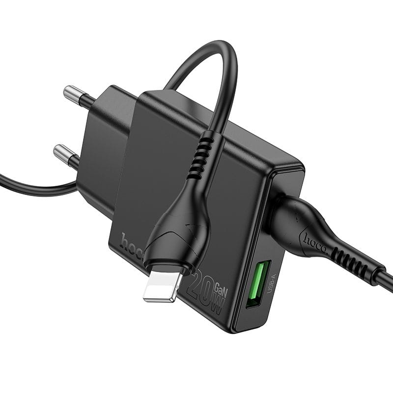 Ładowarka sieciowa do telefonu Hoco Slim USB A + USB C QC3.0 PD 3A 20W + kabel USB C do Lightning N38 czarna (4).jpg