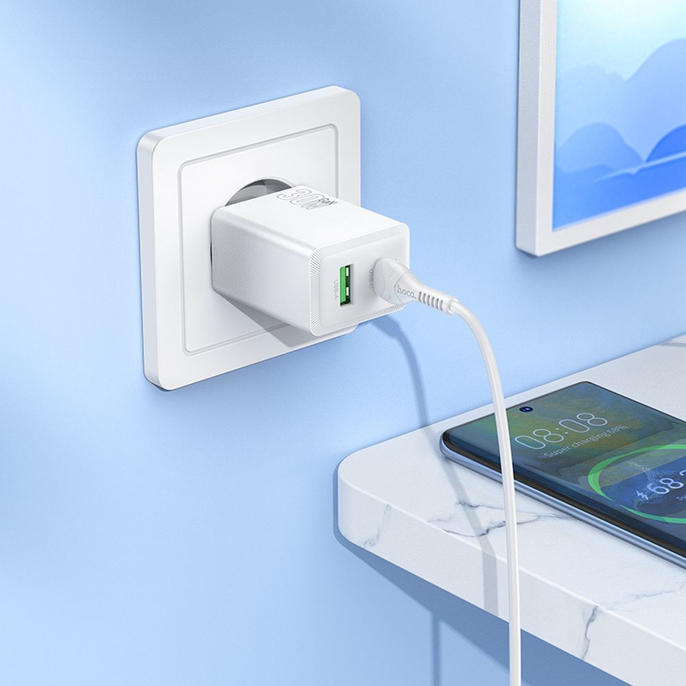 Ładowarka sieciowa do telefonu Hoco USB A + USB C QC3.0 PD AFC 3A 30W N71 biała (2).jpg