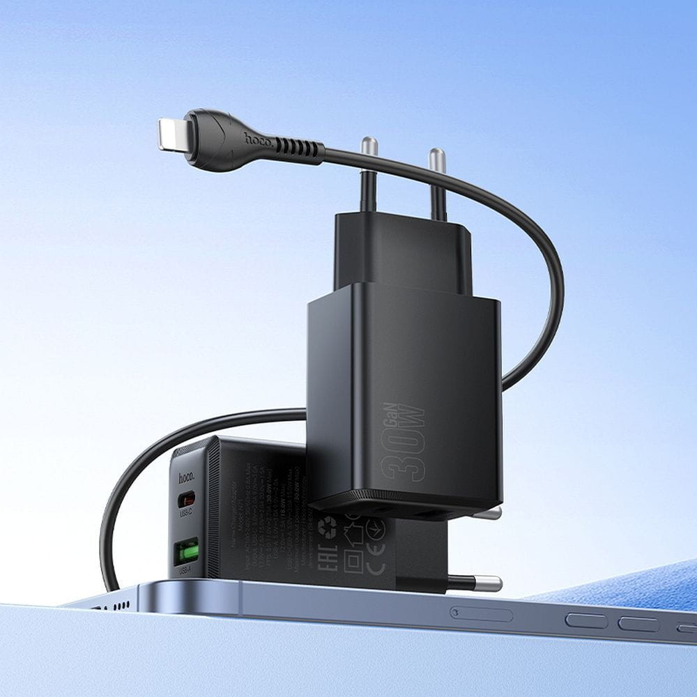Ładowarka sieciowa do telefonu Hoco USB A + USB C QC3.0 PS AFC 3A 30W + kabel USB C do USB C N71 czarna (2).jpg