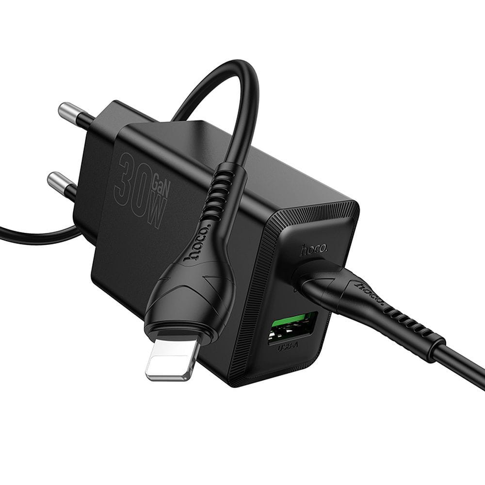 Ładowarka sieciowa do telefonu Hoco USB A + USB C QC3.0 PS AFC 3A 30W + kabel USB C do USB C N71 czarna (4).jpg