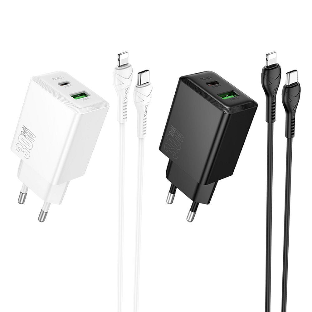 Ładowarka sieciowa do telefonu Hoco USB A + USB C QC3.0 PS AFC 3A 30W + kabel USB C do USB C N71 biała (4).jpg