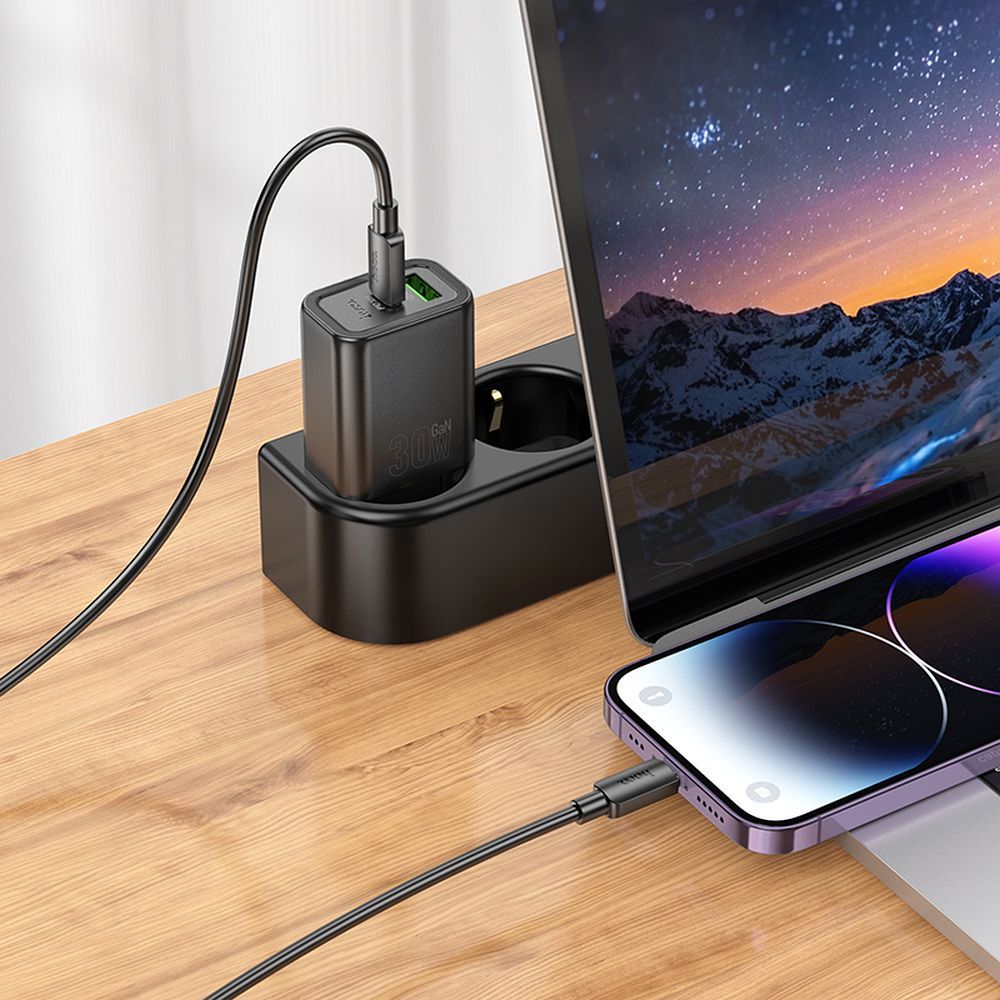 Ładowarka sieciowa do telefonu Hoco USB A + USB C QC3.0 PD 3A 30W + kabel USB C do Lightning N63 czarna (3).jpg