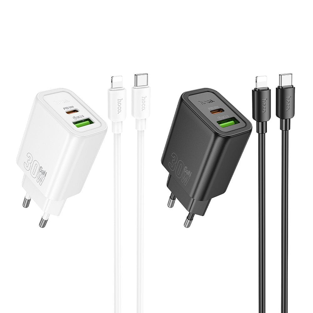 Ładowarka sieciowa do telefonu Hoco USB A + USB C QC3.0 PD 3A 30W + kabel USB C do Lightning N63 czarna (4).jpg