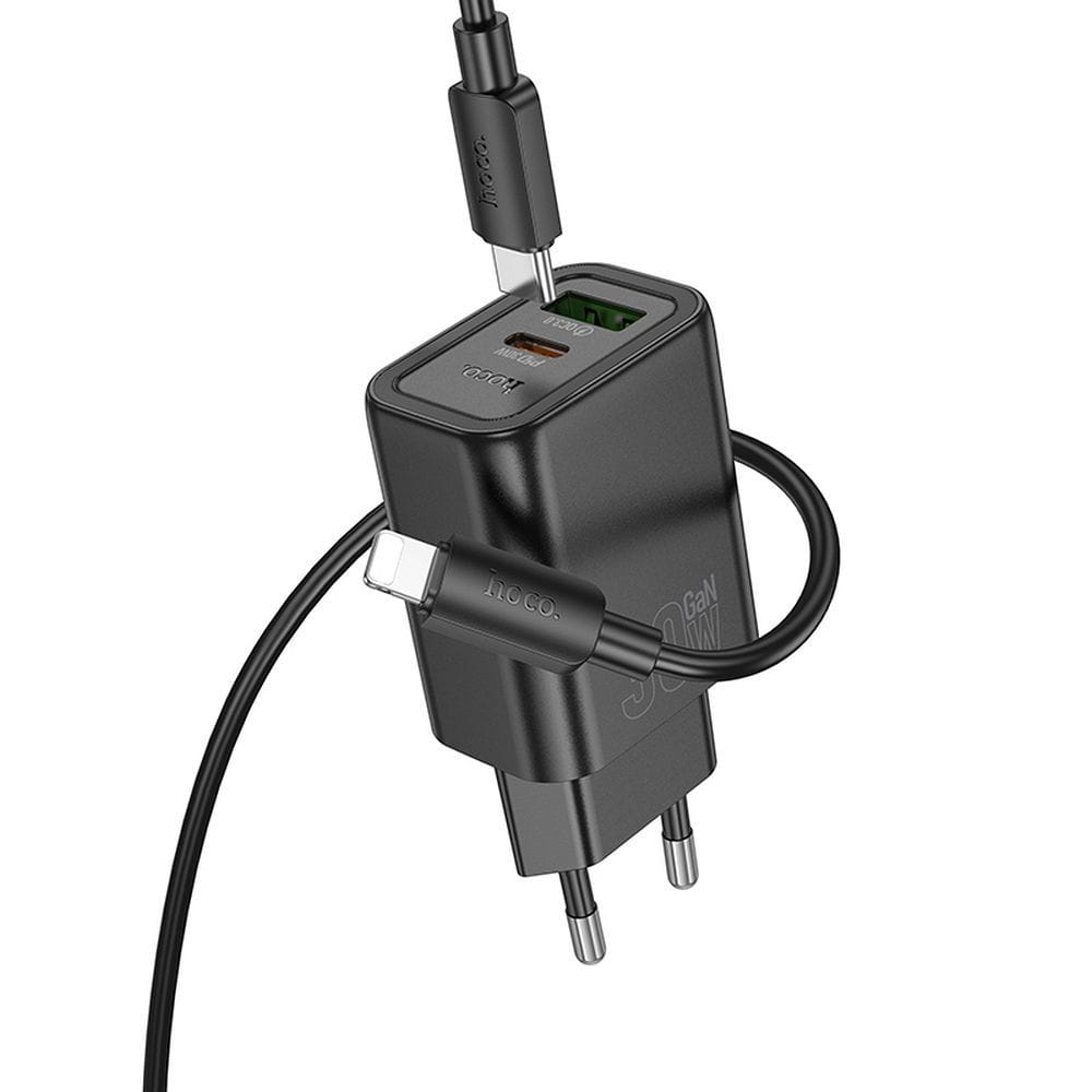 Ładowarka sieciowa do telefonu Hoco USB A + USB C QC3.0 PD 3A 30W + kabel USB C do Lightning N63 czarna (6).jpg